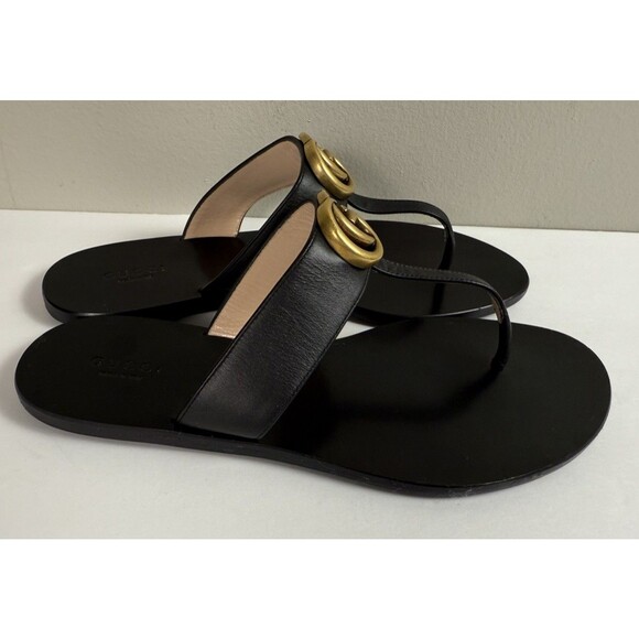 Gucci Marmont GG Thong Sandals in Black Leather Flats  EU 38 US 8 Authenticated - Picture 4 of 13
